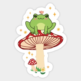 Cute Kawaii frog with a butterfly and Mushrooms, Cottagecore Sticker